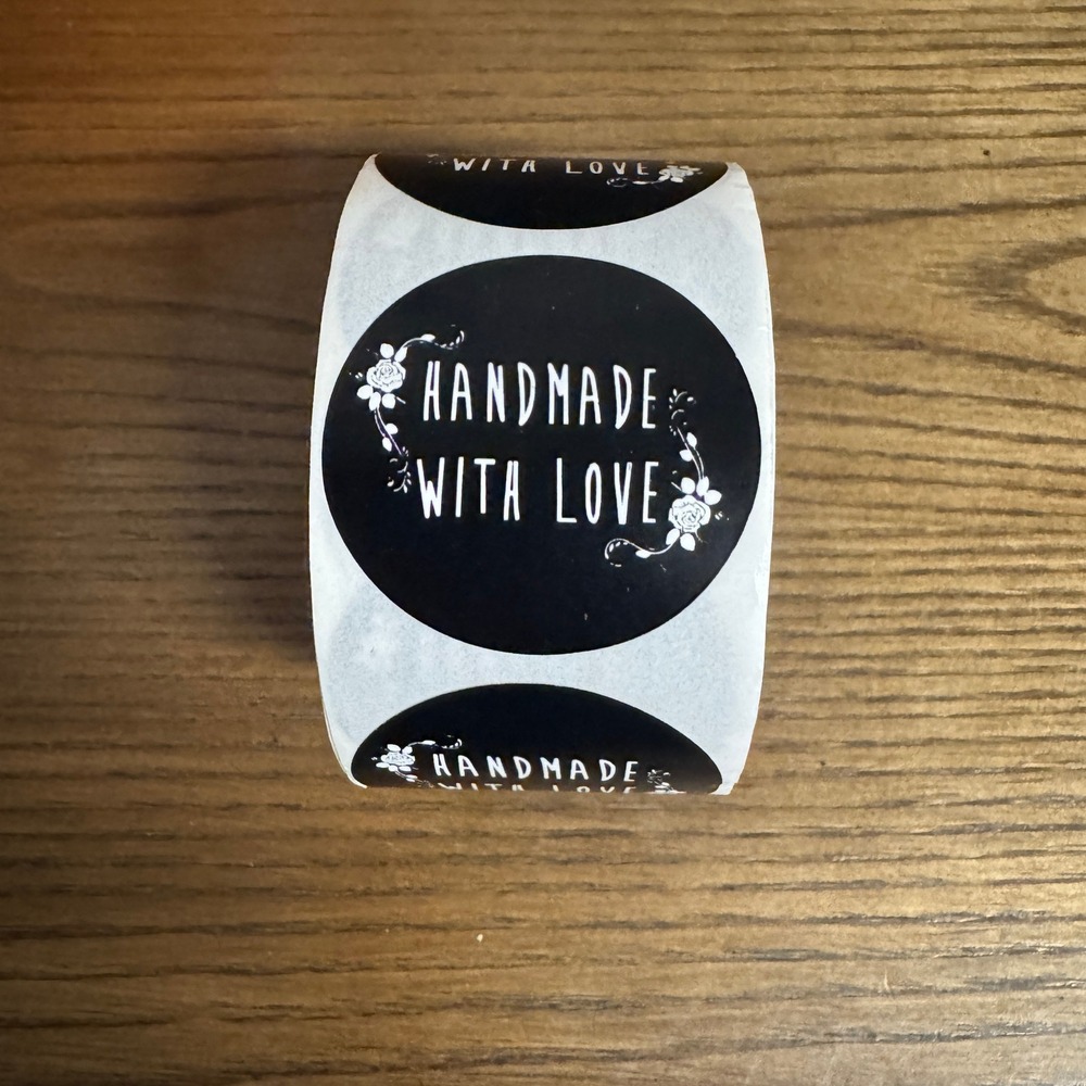 Handmade With Love Round Black Floral Stickers 500 Pc Roll Small Business 1.5"